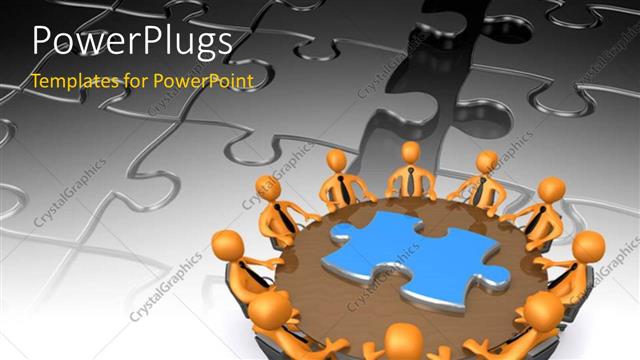  Presentation with round table - Business people finding solution around the round table with jigsaw