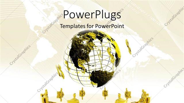  Presentation with conference table - Business people in gold chairs around large conference table under yellow and black globe