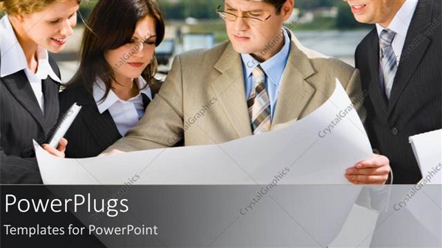  Presentation with blueprint - Business people with hard hats studying blueprint diagram