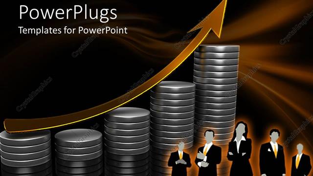  Presentation with next - Business people standing next to stacks of lined up coins