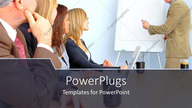  Presentation with person listening - Business person giving presentation on white board, people listening carefully