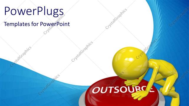  Presentation with press - Business person pushes the Outsource button to hire with blue curve