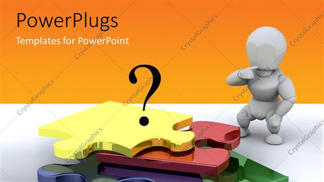  Presentation with problem solving - Business person standing next to an unfinished puzzle with orange color