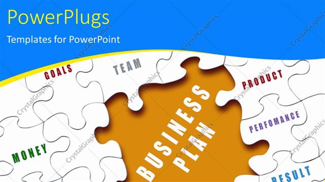  Presentation with business plan - The business plan puzzle piece missing and a few puzzle pieces with business terms written on them