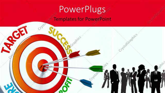  Presentation with target - Business professionals with colorful darts stuck in bulls eye of business target