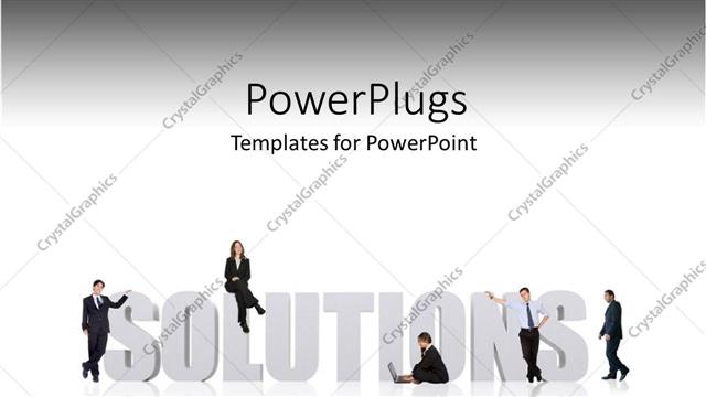  Presentation with solutions business - Business professionals lean against 3D SOLUTIONS on white background