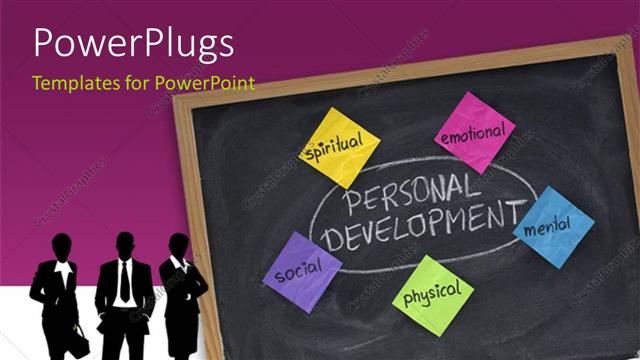  Presentation with development - Business silhouettes with Dimensions of personal development - spiritual, emotional, mental, physical, social with purple color