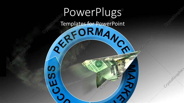  Presentation with marketing - Business success ingredients on blue circle with dollar note airplane flying through