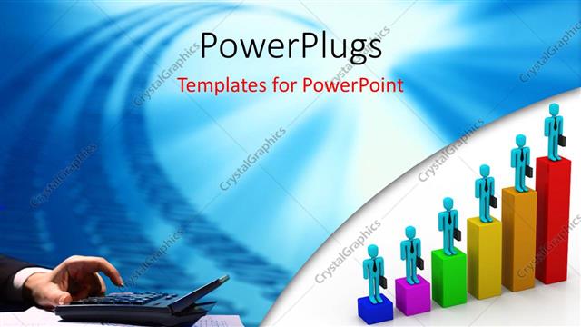  Presentation with business calculator - 3D business men stand on bars of business chart with hand and calculator