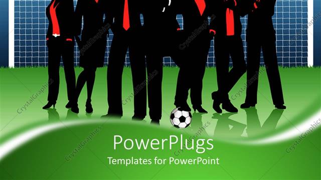  Presentation with football - Business team standing in front of goal with football on soccer pitch