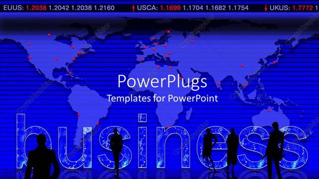  Presentation with business people silhouette - Business theme with world map, business people in silhouette, stock market ticker