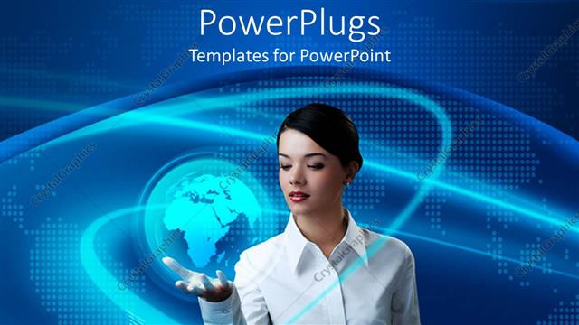  Presentation with woman world - Business woman holding glowing globe in hand, flat world background