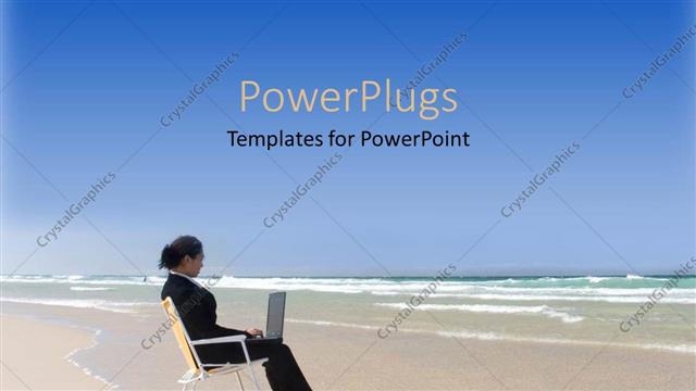  Presentation with working woman - Business woman sitting on a beach chair working on laptop on beach near the ocean