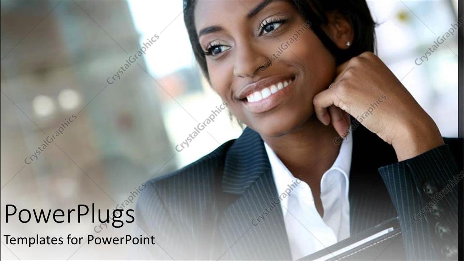 Featuring Business Woman in Suit Smiling and Looking into Distance