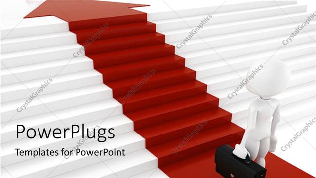  Presentation with climbing - Businessman with briefcase following red arrow and climbing stairs to reach the red success ball