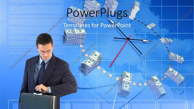  Presentation with businessman - Businessman with briefcase looks at wristwatch with clock in blue surface