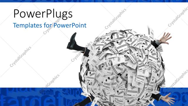  Presentation with financial - Businessman buried in sphere of financial invoices with business keywords in the background