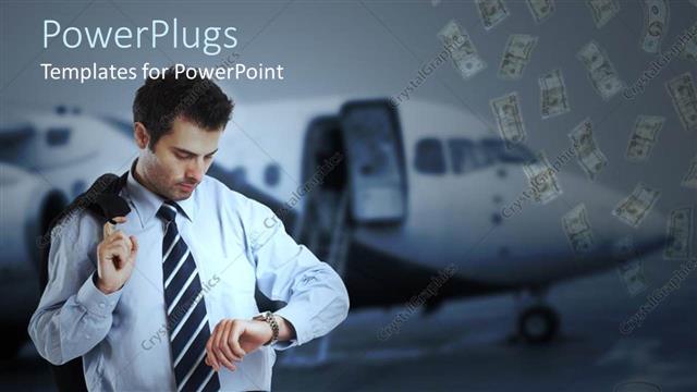  Presentation with time money - Businessman checking wristwatch beside airplane with dollar bills dropping