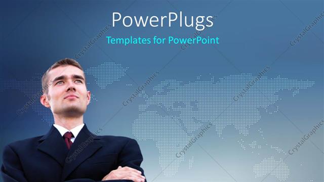  Presentation with thoughts - Businessman with global thoughts over world map in background