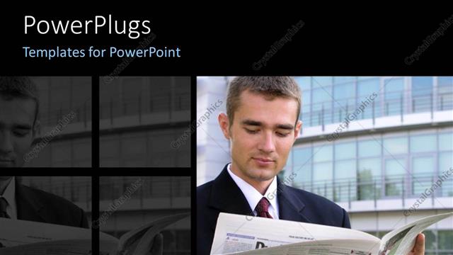  Presentation with tall buildings - Businessman going through pages of newspaper over tall office buildings