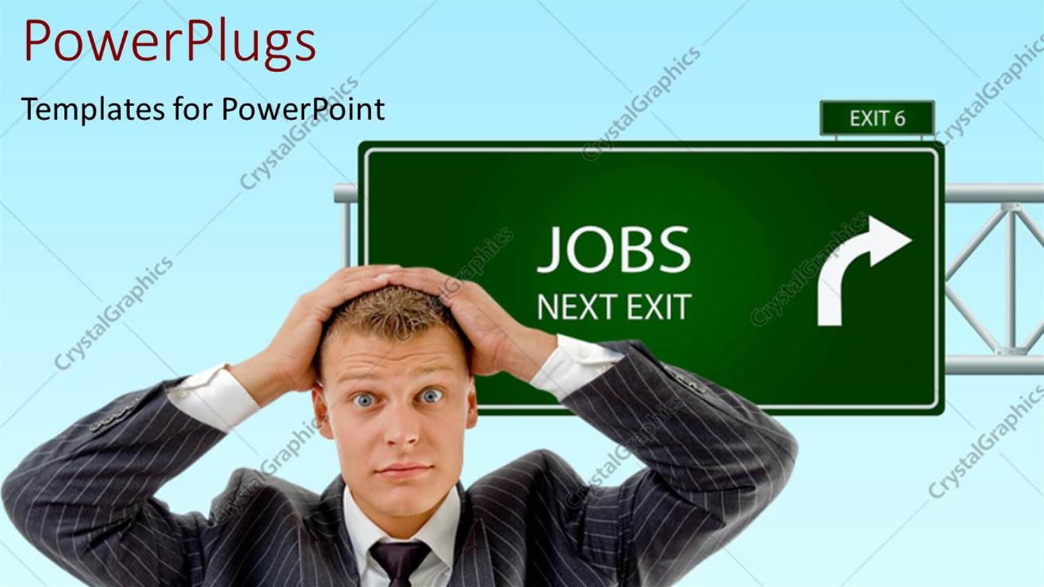 Featuring Businessman has Head in Hands with Green Signpost Reading JOBS NEXT EXIT