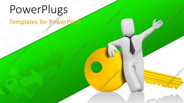  Presentation with character - A white colored 3D character standing on a gold colored key