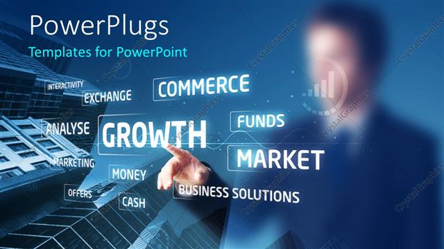  Presentation with growth - Businessman pressing buttons on touchscreen with skyscrapers in the background