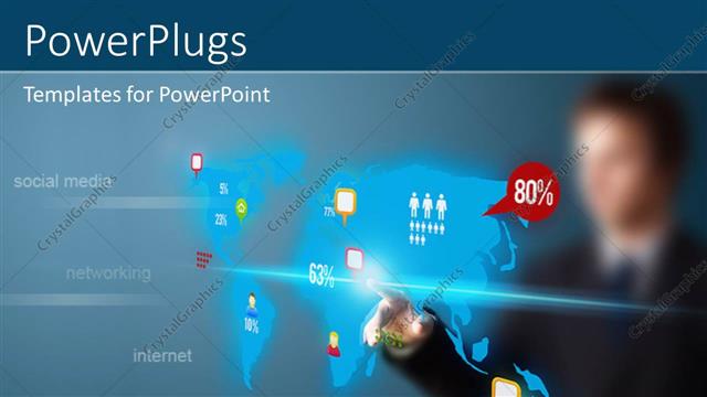  Presentation with media - Businessman pressing social media button on digital map, futuristic technology