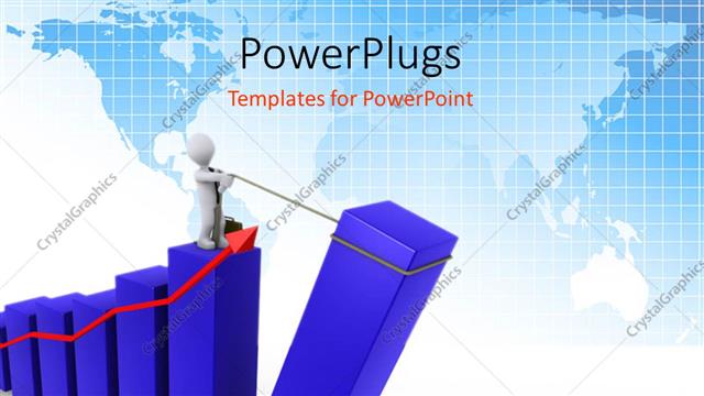 Presentation with upwards - Businessman pulling up the last bar of blue chart with red arrow pointing upwards, blue world map