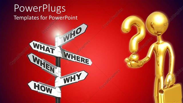  Presentation with question - A businessman with a question mark and a lot of signs