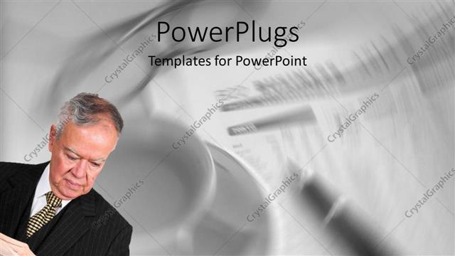  Presentation with management - Businessman studying newspaper, coffee cup, pen and papers in background, business, management