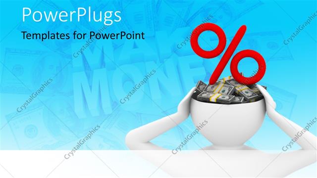  Presentation with percentage - Businessman thinks of money with cash and percentage sign over the head