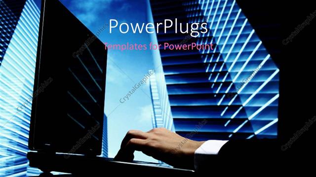  Presentation with realtor - Businessman working on laptop with skyscrapers