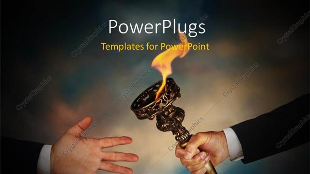  Presentation with sky - Businessman's passing a flaming torch to another with sky