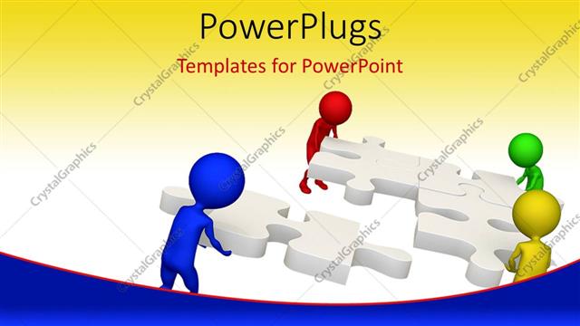  Presentation with solving - Group of colorful 3D men solving jigsaw puzzle depicting teamwork