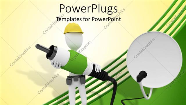  Presentation with drill - Cable guy with helmet carries data cable connected to satellite dish