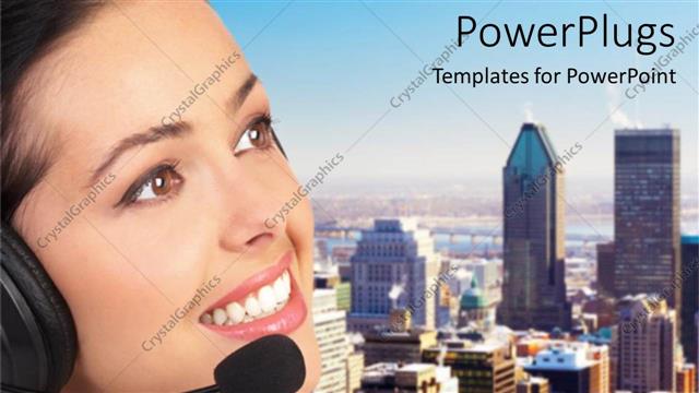  Presentation with telecommunication - A call operator taking a call with skyscrapers in the background