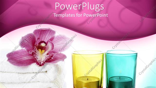 Presentation with flower candles - Candles in yellow and blue glass cups with flower on white towel