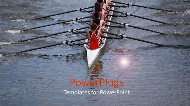  Presentation with teamwork - Canoe being rowed uniformly by a team on a sea