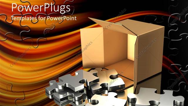  Presentation with cardboard - Cardboard box on side spilling large chrome jigsaw puzzle pieces on reflective surface