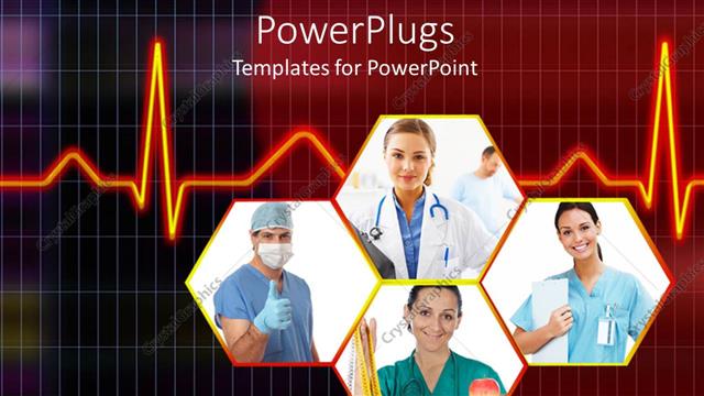  Presentation with hexagons - Cardiogram behind Healthcare professionals in hexagons