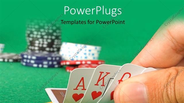  Presentation with fingers - Cards held by fingers showing a royal flush with chips