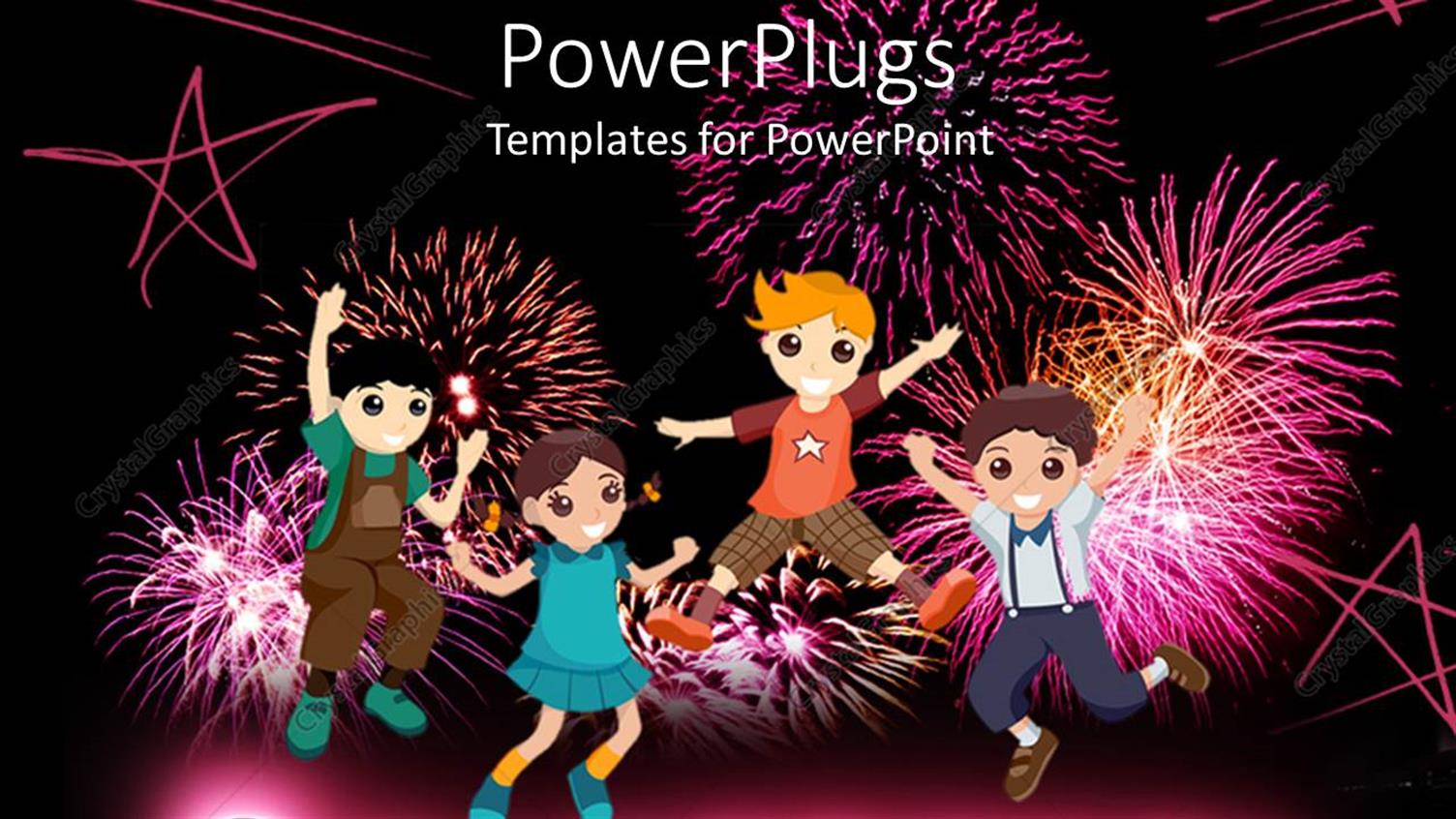 Featuring Cartoon Children Jumping with Fireworks, Stars, Celebrate