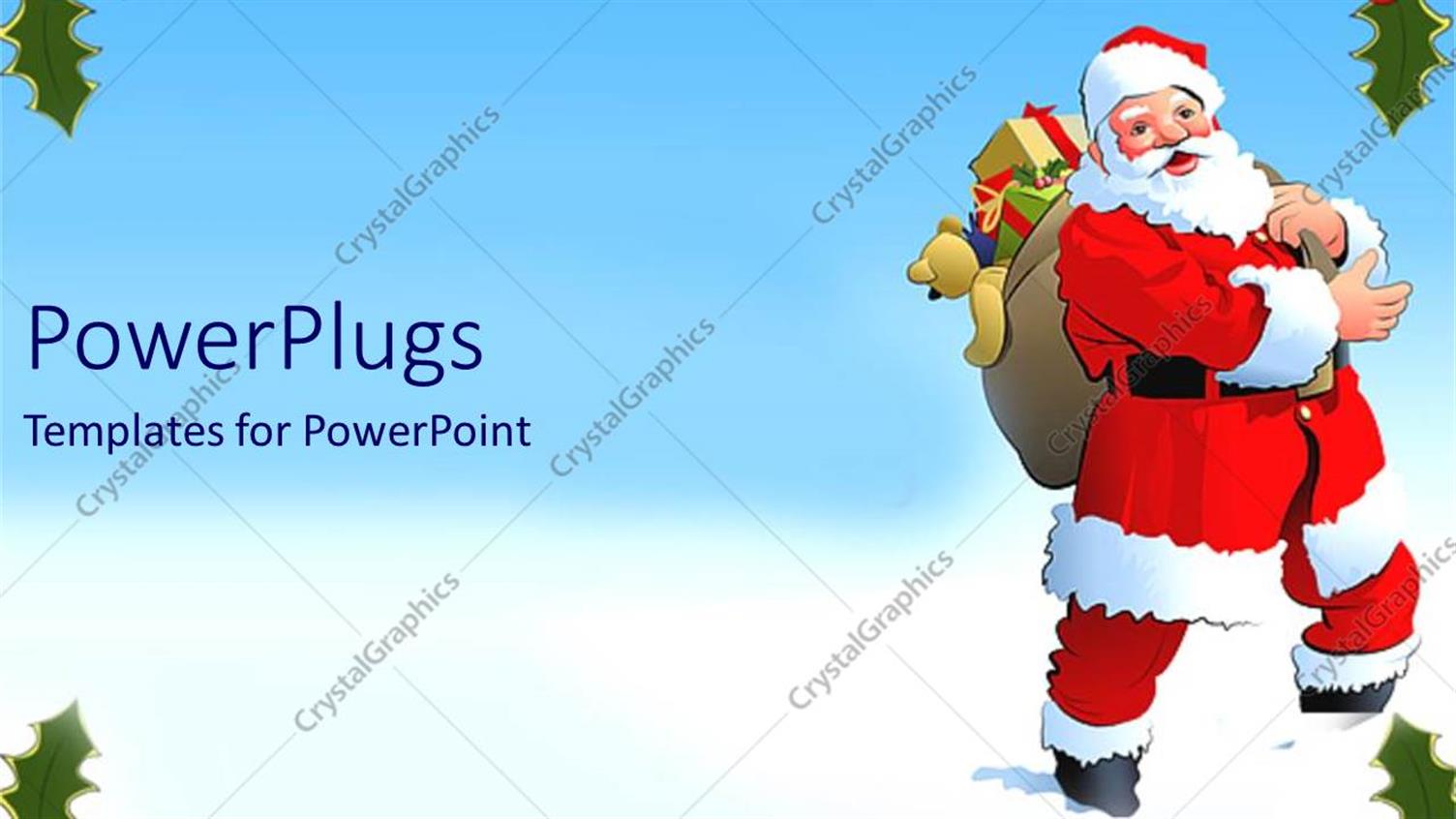 Featuring a cartoon Santa Clause Character Carrying some Christmas Gifts