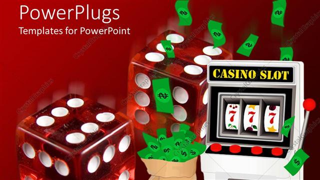  Presentation with machine - Casino theme with two transparent red dice, slot machine and sack of money