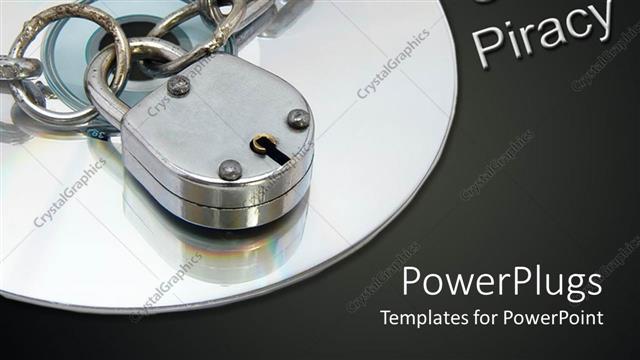  Presentation with stop - CD surrounded by silver chain lock and words stop piracy on black background
