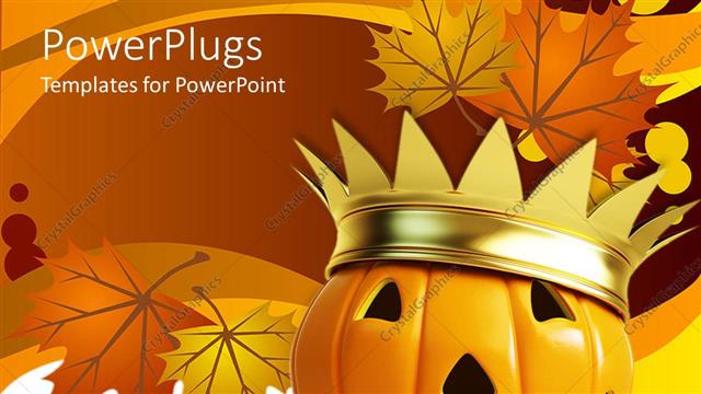  Presentation with gold leaves - Ceramic jack-o-lantern with gold crown with background of brown and yellow autumn leaves
