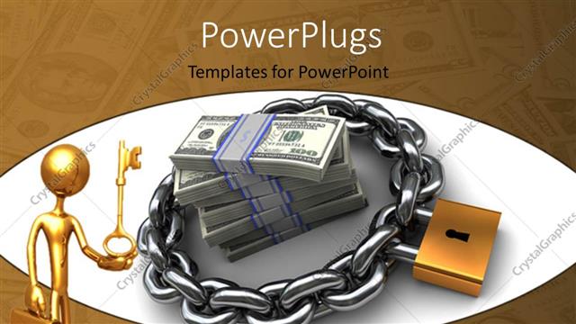  Presentation with lock key - Chain and lock securing money with business person with the key and currency