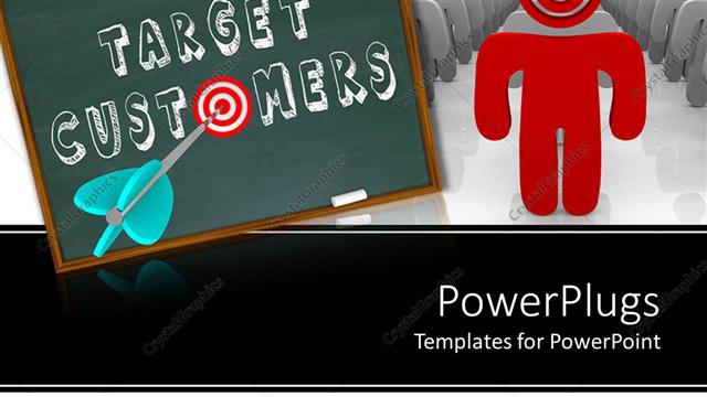  Presentation with customers - Chalkboard with target customers and red target instead of o letter with dart pointing bullhead and large group of gray figures with red figure in front of line
