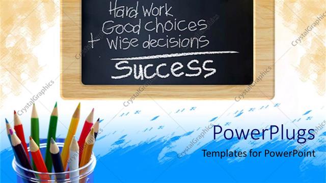  Presentation with writing - Chalkboard with writing next to colored pencils in pencil holder